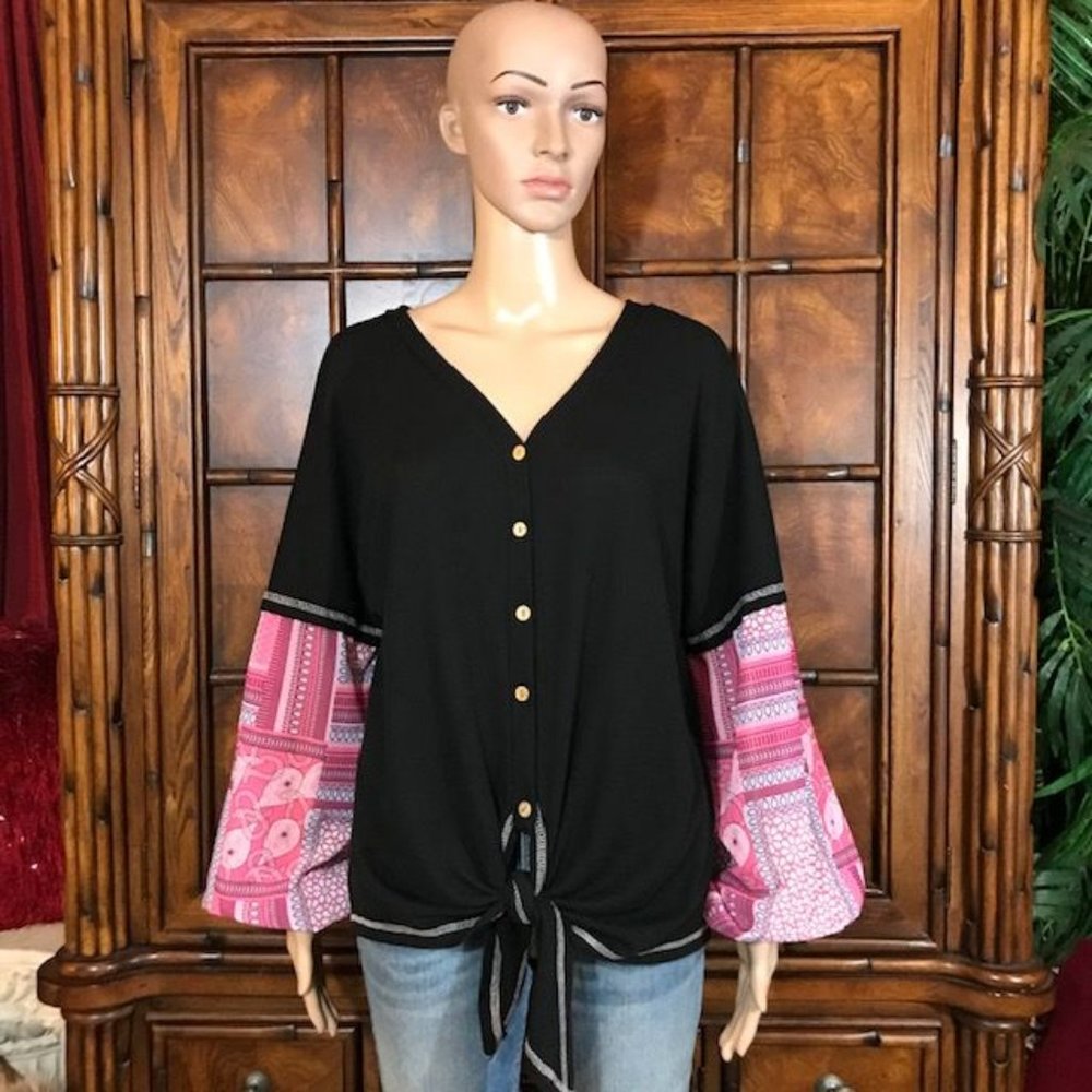 Micro Waffle Knit Button Down Tie Front Patchwork Print Balloon Sleeve Top
